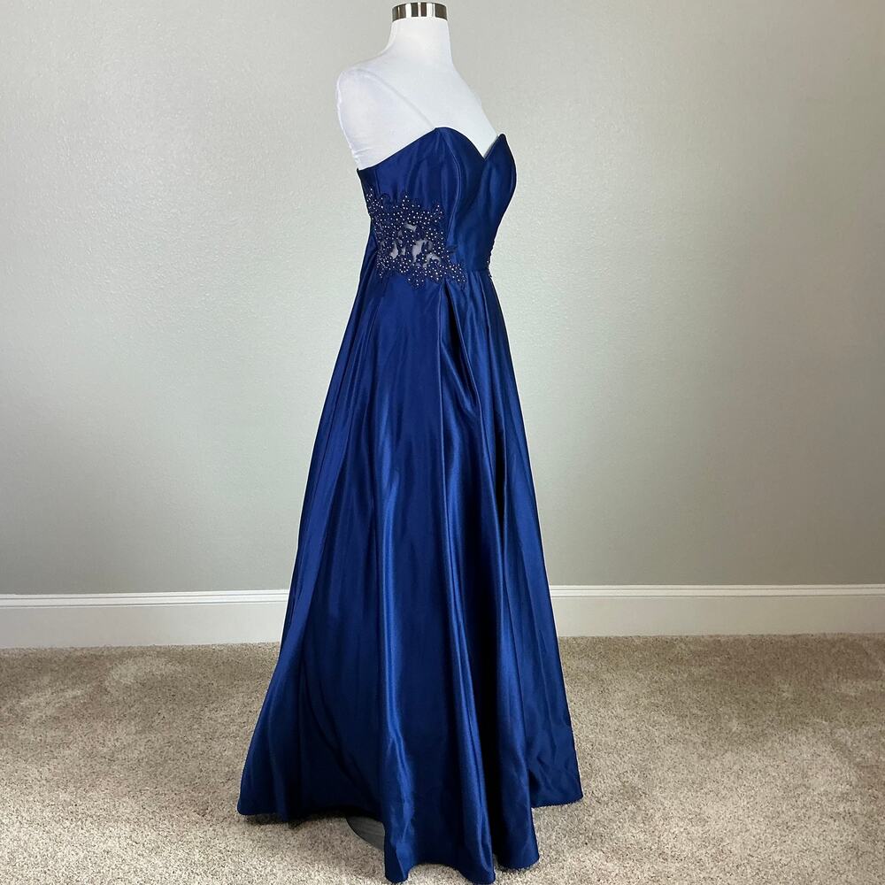Blondie Nites Strapless Beaded Satin A-Line Evening Gown Royal Blue Size 7 Dress - Picture 3 of 11